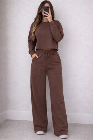 2532 Conjunto Ales cropped manga longa e calça pantalona wide leg moletom