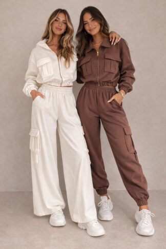 2584 Conjunto cargo jaqueta cropped e calça wide leg pantalona e jogger moletom