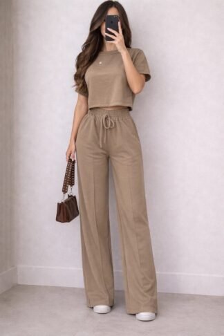 2239 Conjunto Cris cropped manga curta e calça wide leg moletom