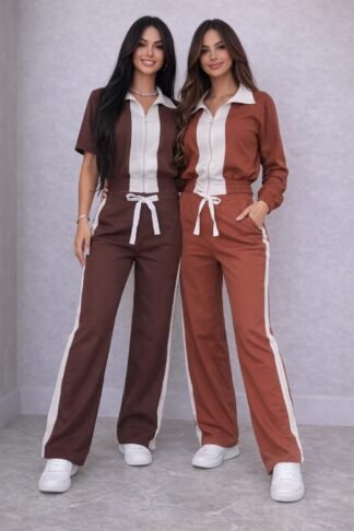2245 Conjunto Bray euro look bicolor jaqueta cropped manga curta ou longa e calça wide leg pantalona alfaiataria