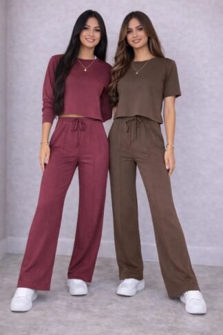 2110 Conjunto Chloe blusa cropped manga curta longa e calça pantalona