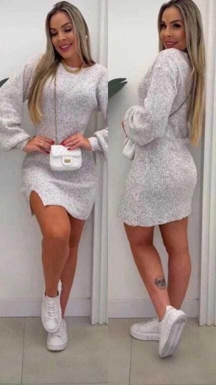 2516 Vestido Ale curto fenda manga longa tricô - Imagem 2