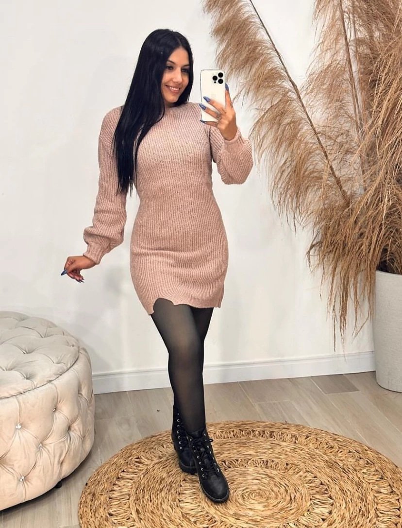 2516 Vestido Ale curto fenda manga longa tricô - Imagem 5