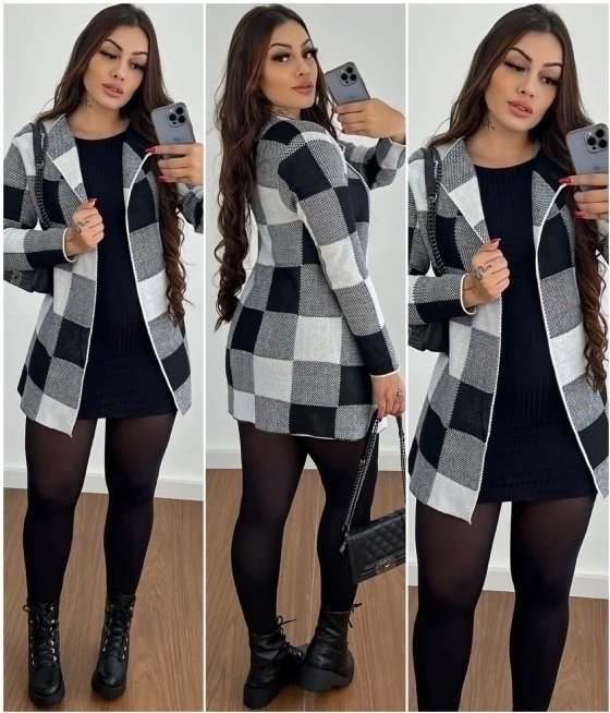 240 Cardigan Kimono Paula xadrez manga longa tricô - Imagem 2