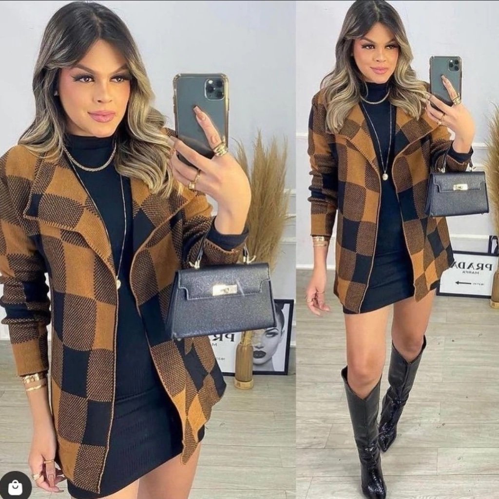 240 Cardigan Kimono Paula xadrez manga longa tricô - Imagem 3