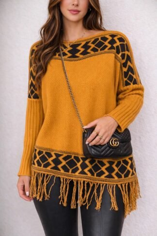 2220 Poncho Paula manga longa franjas