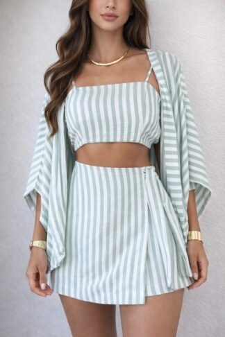 2214 Conjunto 3 peças Cropped kimono e shorts saia listras