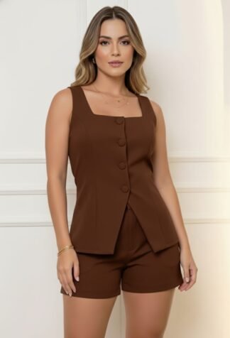 2874 Conjunto Alex blusa regata longa botão encapado shorts alfaiataria