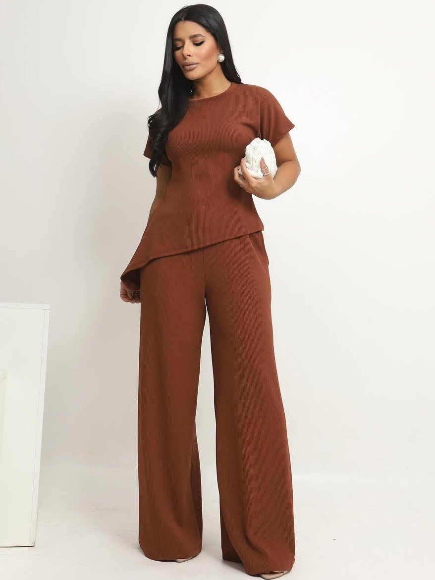 2243 Conjunto Gabi blusa manga curta assimétrica e calça max pantalona canelado - Imagem 4