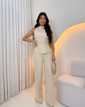 2286 Conjuto Diva blusa regata peplum gola alta e calça pantalona alfaiataria