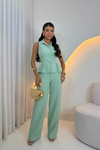 2286 Conjunto Diva blusa regata botão peplum e calça pantalona
