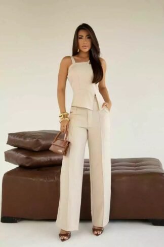 2286 Conjunto blusa regata fenda com 3 alça e calça pantalona