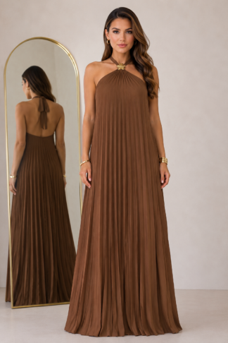 2415 Vestido longo frente única fivela flor costa nua