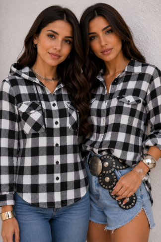 2306 Camisa beli capuz xadrez flanelada