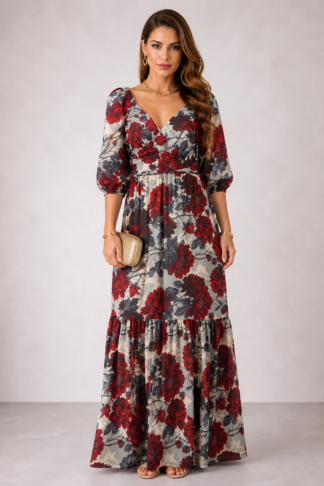 2118 Vestido Jaci longo transpassado manga 3/4 floral