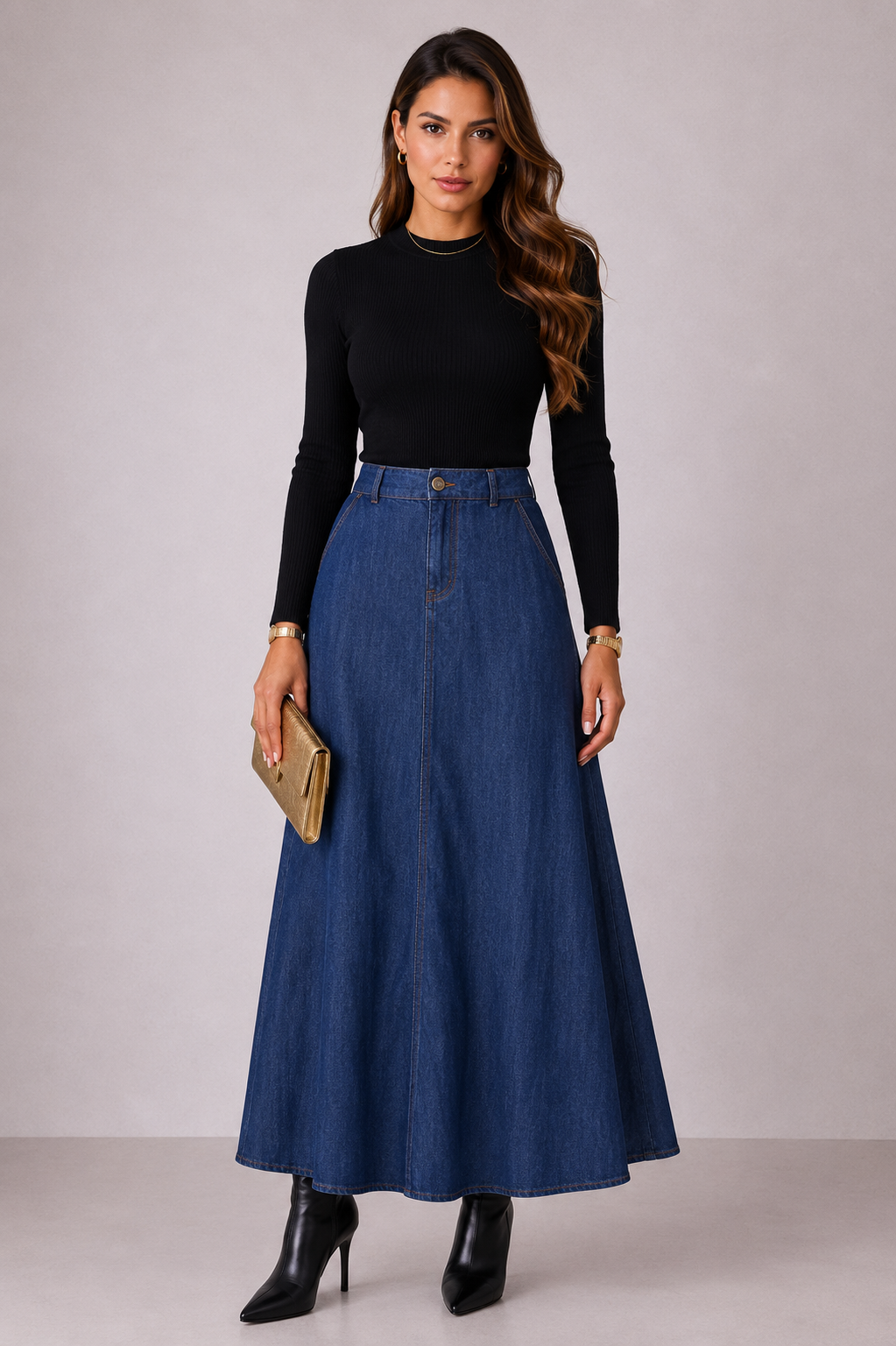 2124 Saia gata botão longa jeans