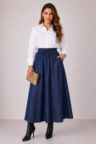 2124 Saia gata evasê longa jeans