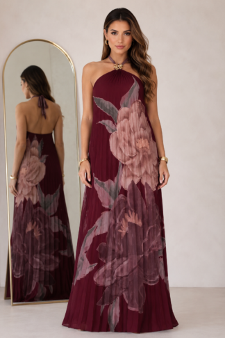 2415 Vestido longo frente única fivela flor costa nua estampado