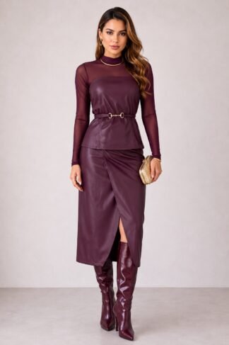 2341 Conjunto Marcela blusa tomara que caia peplum com cinto e saia midi drapeada fenda courino
