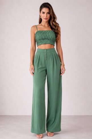 2342  Conjunto Mara cropped regata plissado e calça max pantalona 4 botão alfaiataria