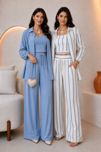 2294 Conjunto RM 3 peças max camisa cropped e calça pantalona listrada e lisa