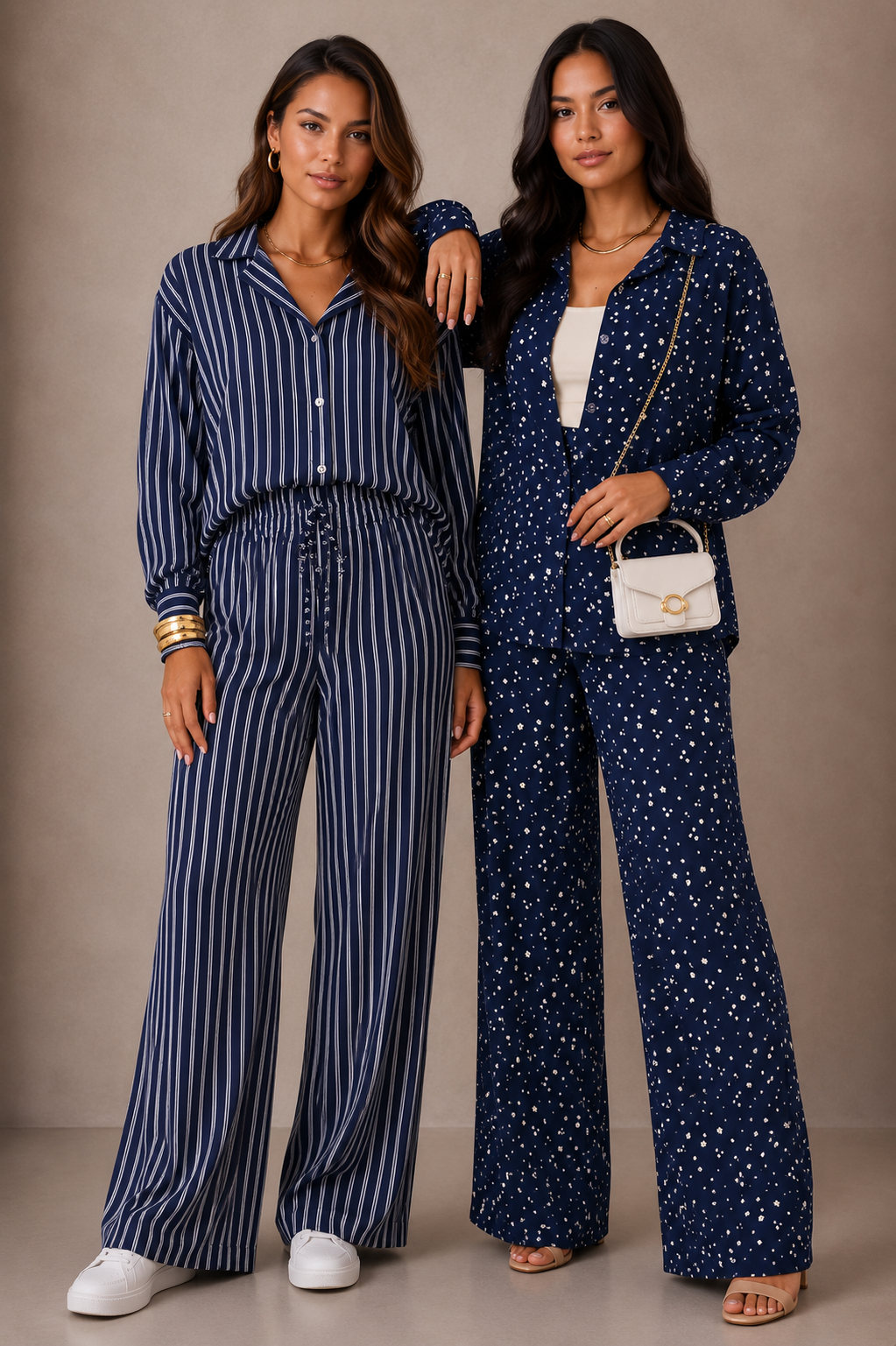 2831 Conjunto Sofia max camisa botão manga longa e calça pantalona elástico listrado póa