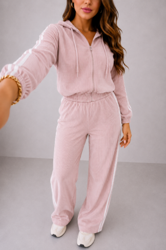 2495 Conjunto Sisa jaqueta capuz e calça pantalona wide leg estilo Adidas faixa veludo
