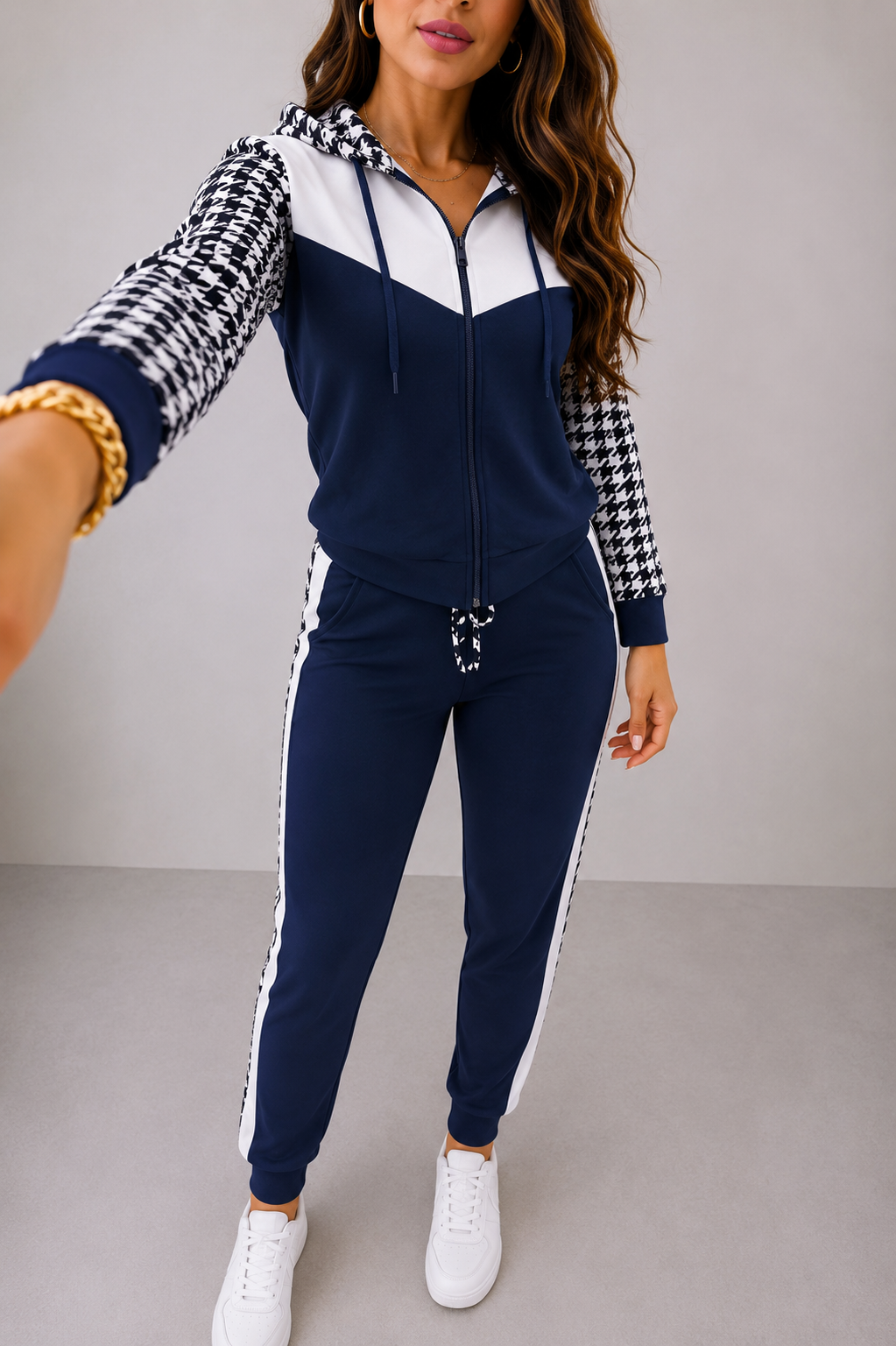 2496 Conjunto Sina jaqueta capuz pied poule e calça skinny