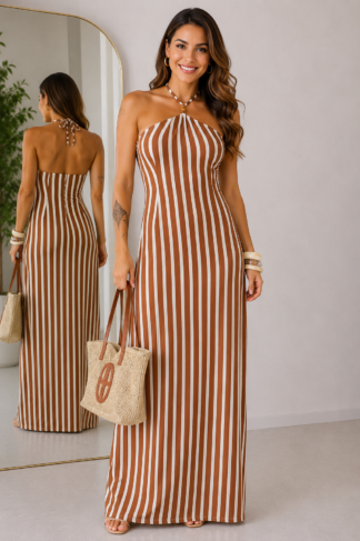 2338 Vestido Aqua longo frente único gola fivela listrado