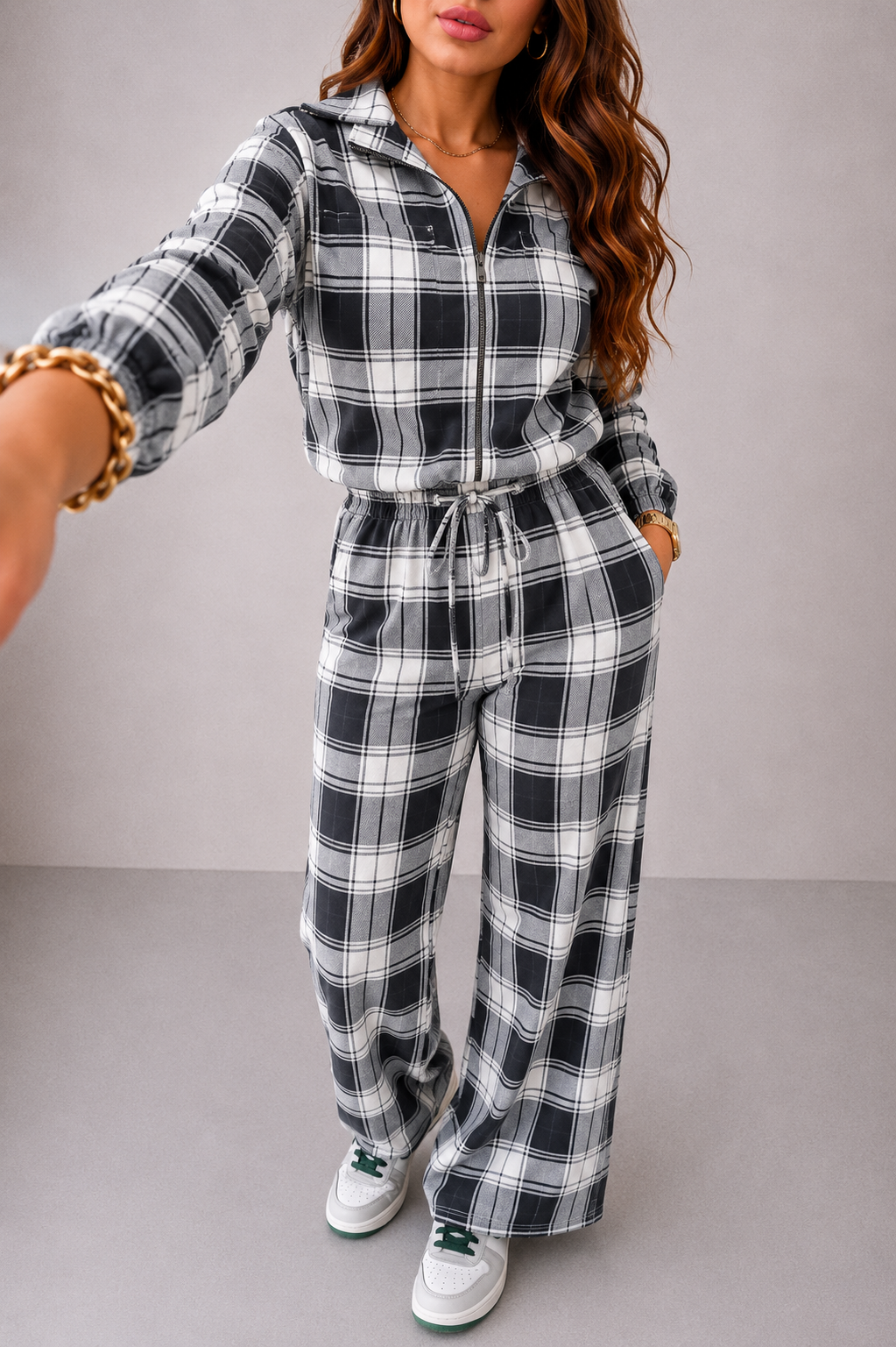2502 Conjunto Jessica jaqueta cropped ziper e calça pantalona xadrez alfaitaria