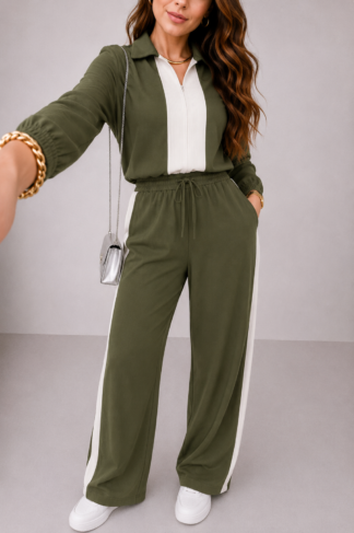 2406 Conjunto jaqueta zíper bicolor e calça pantalona elástico veludo