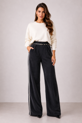 2494 Calça Pil pantalona wide leg estilo Adidas faixa veludo