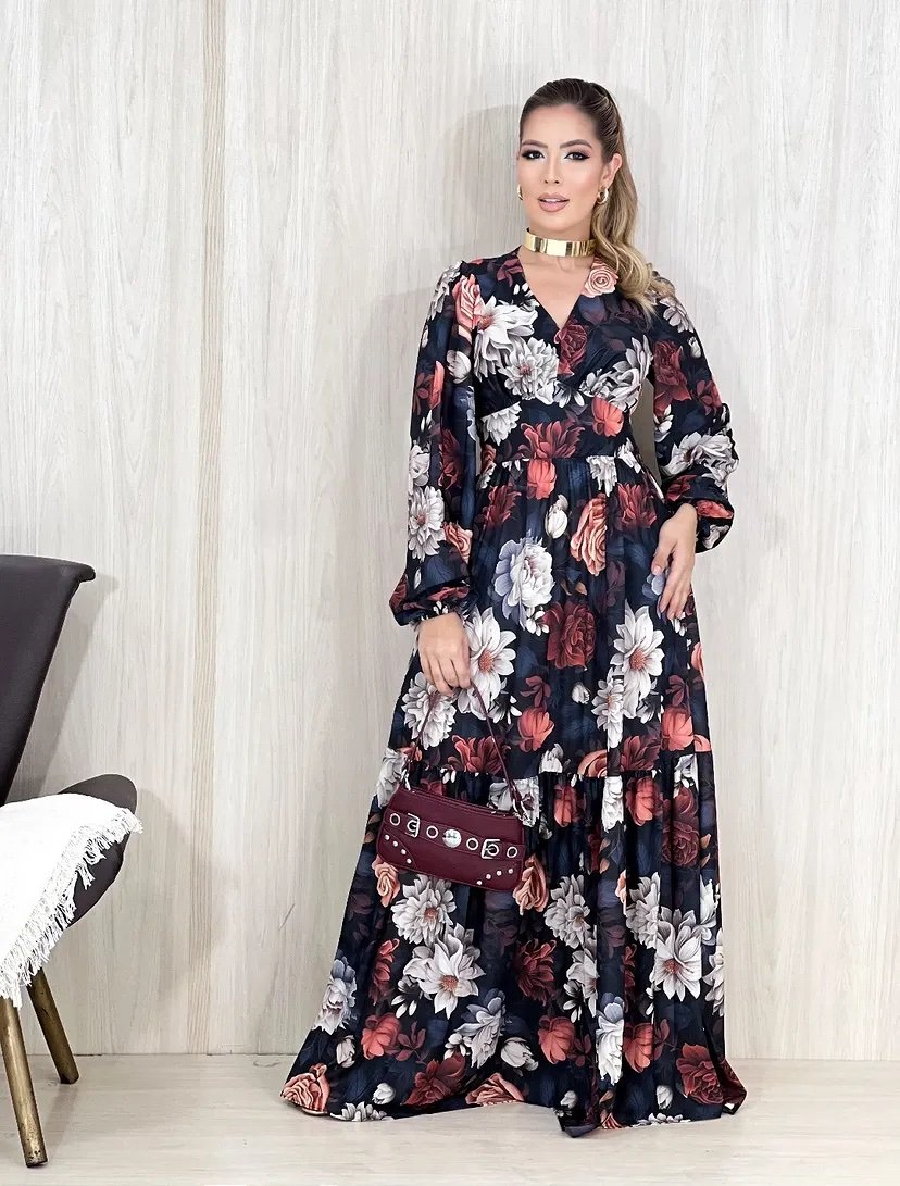2118 Vestido Jaci longo decote V manga longa floral - Imagem 3