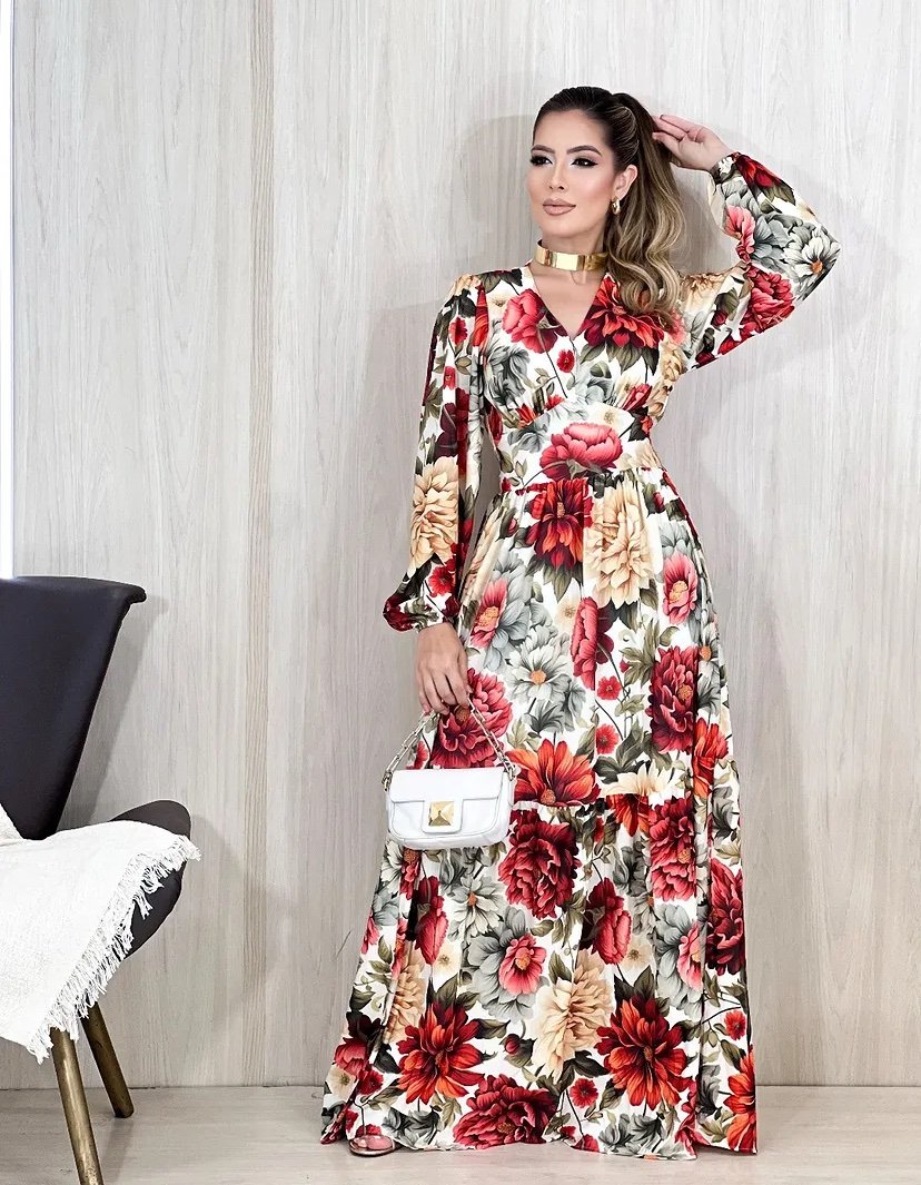 2118 Vestido Jaci longo decote V manga longa floral - Imagem 2
