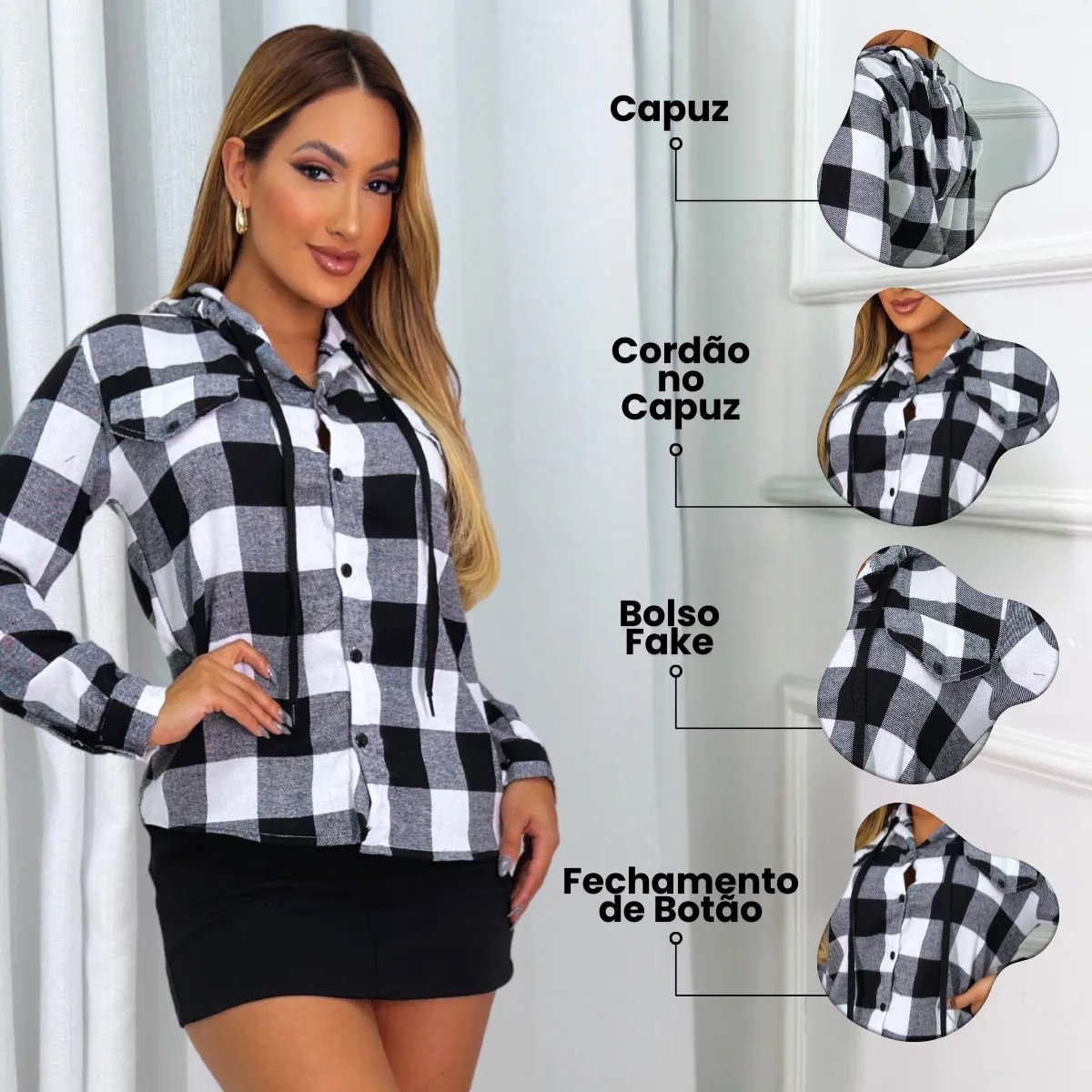 2306 Camisa beli capuz xadrez flanelada - Imagem 2