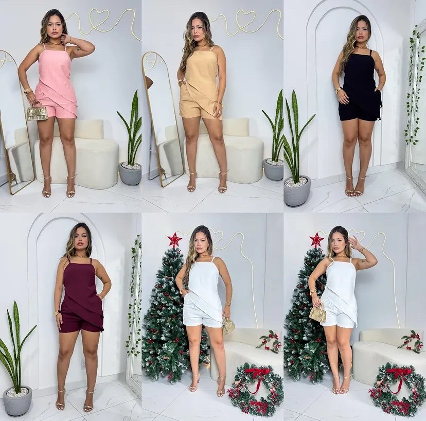 2354 Conjunto blusa regata alça fina assimétrica 2 babados e shorts alfaiataria - Imagem 4