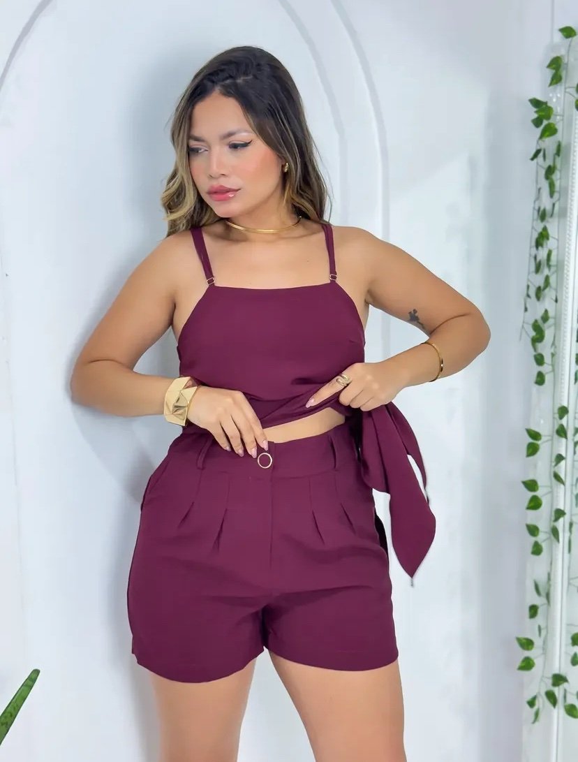 2354 Conjunto blusa regata alça fina assimétrica 2 babados e shorts alfaiataria - Imagem 2