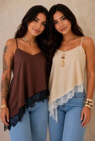 2242 Blusa regata alça fina assimétrica barra renda chantilly