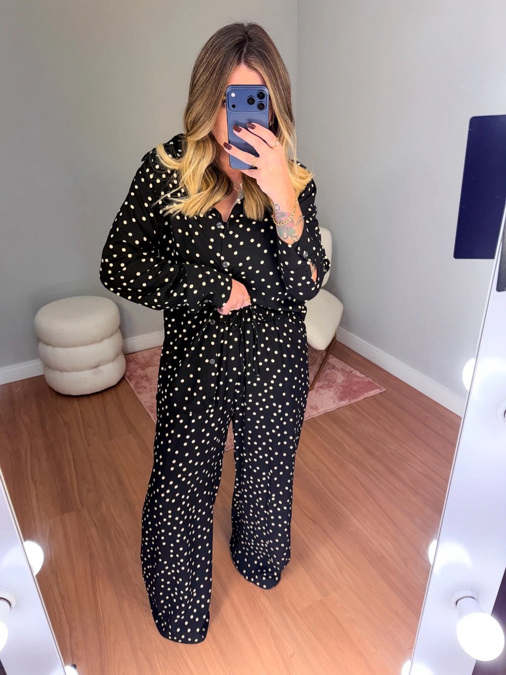 2831 Conjunto Sofia max camisa botão manga longa e calça pantalona elástico listrado póa - Imagem 4