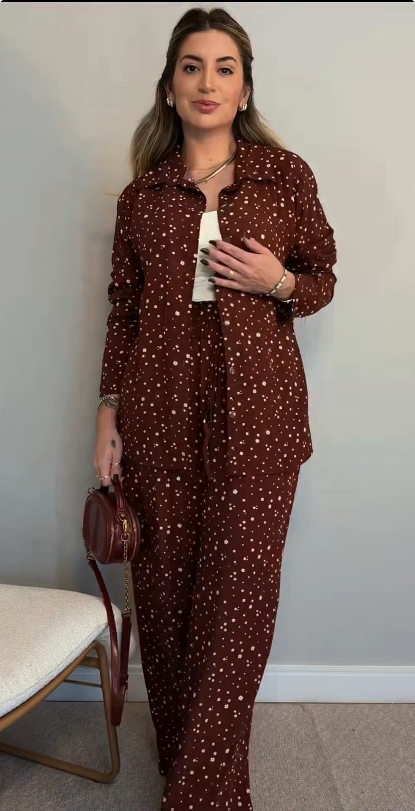 2831 Conjunto Sofia max camisa botão manga longa e calça pantalona elástico listrado póa - Imagem 3