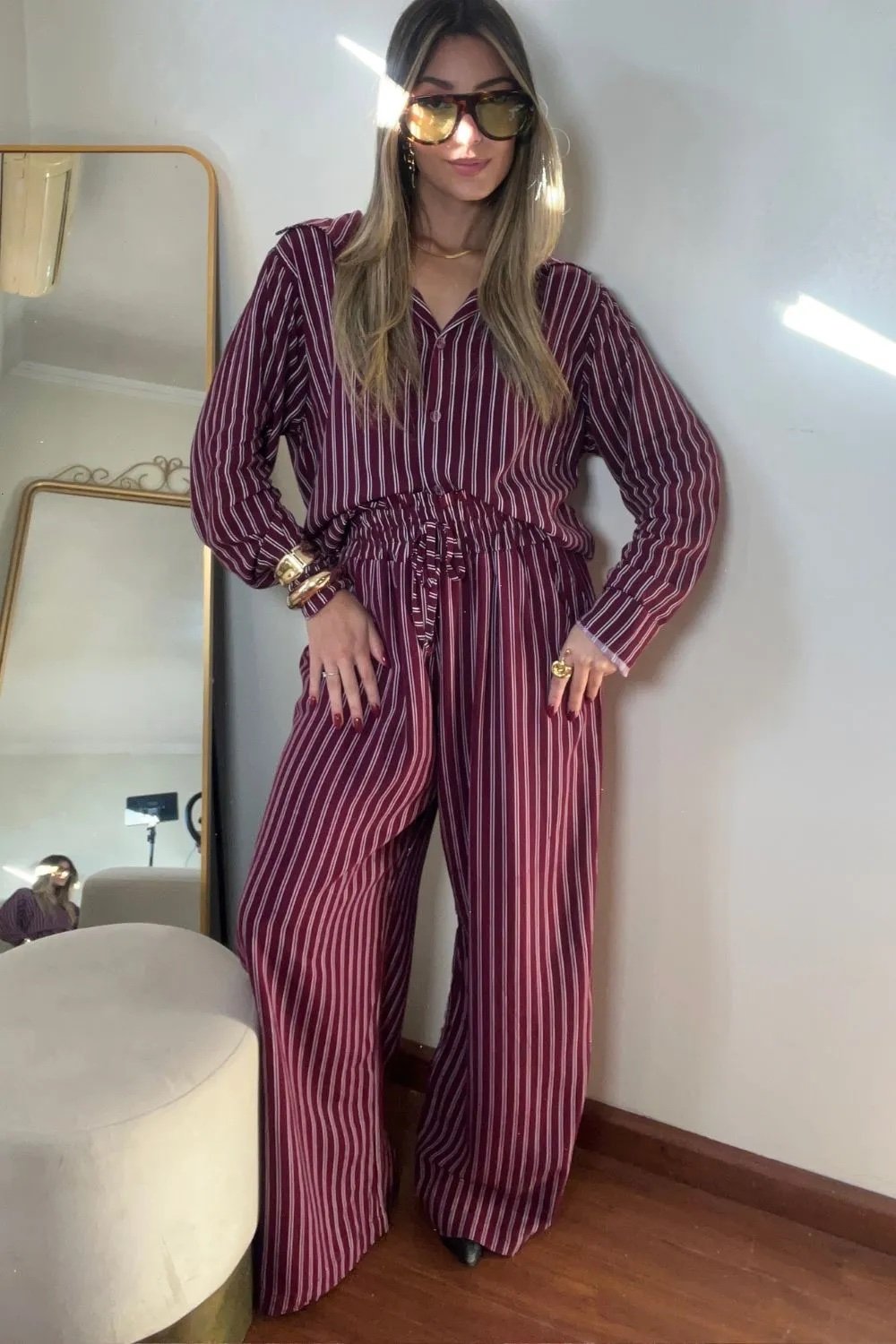 2831 Conjunto Sofia max camisa botão manga longa e calça pantalona elástico listrado póa - Imagem 7