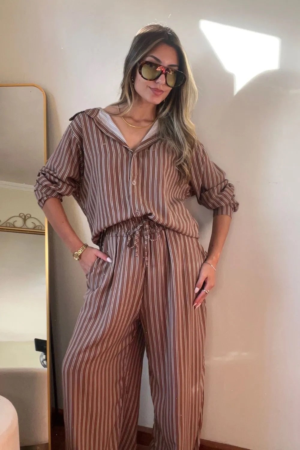 2831 Conjunto Sofia max camisa botão manga longa e calça pantalona elástico listrado póa - Imagem 8