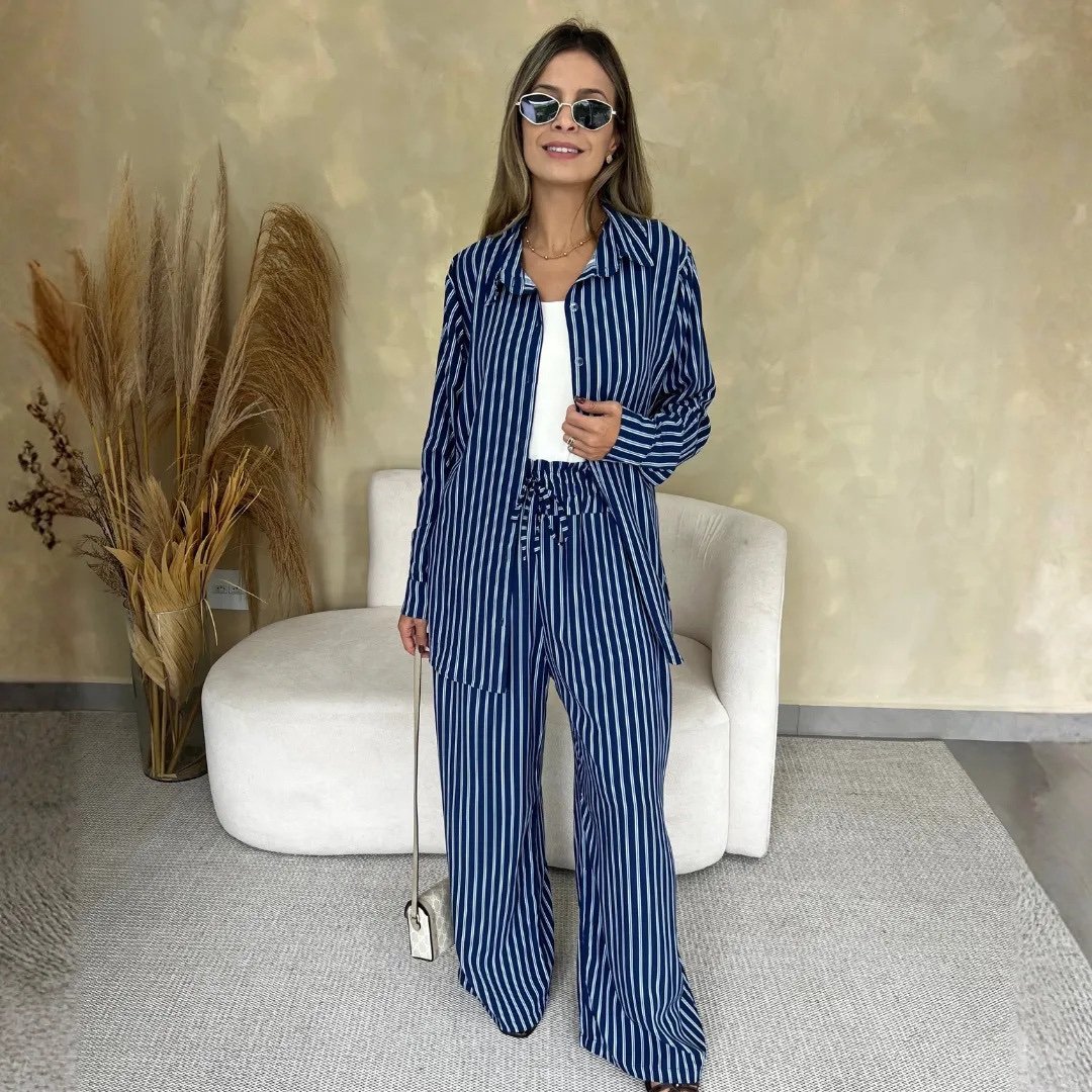 2831 Conjunto Sofia max camisa botão manga longa e calça pantalona elástico listrado póa - Imagem 9
