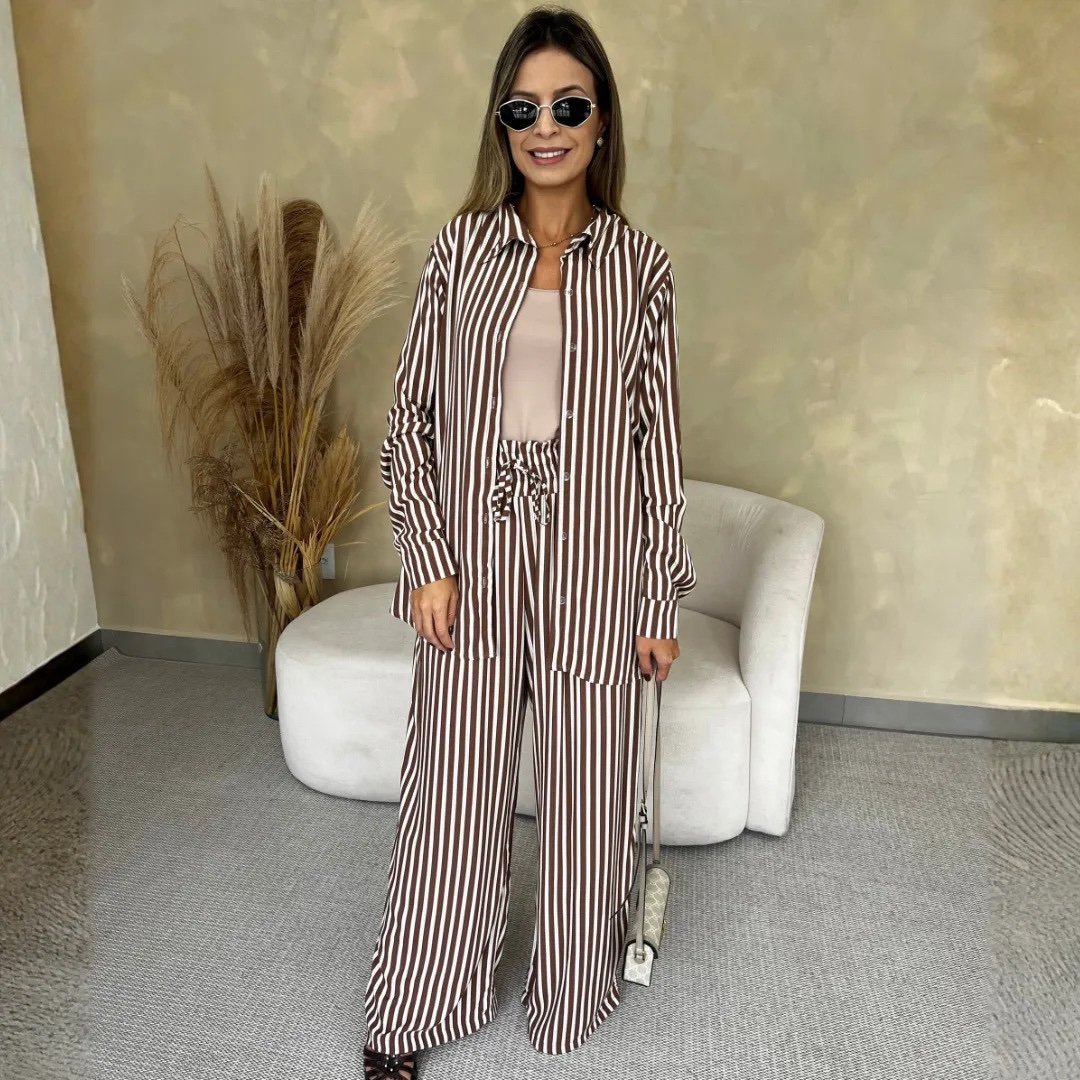 2831 Conjunto Sofia max camisa botão manga longa e calça pantalona elástico listrado póa - Imagem 10