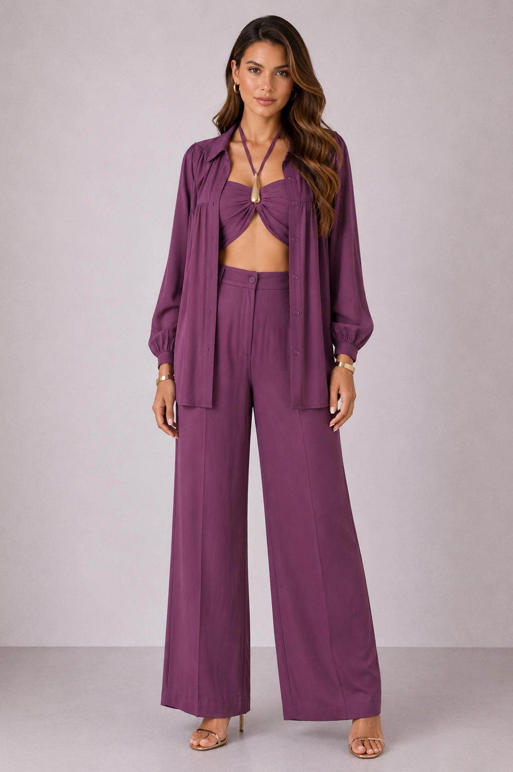 2540 Conjunto Ley Trijunto 3 peças cropped com fivela max camisa e calça pantalona alfaiataria