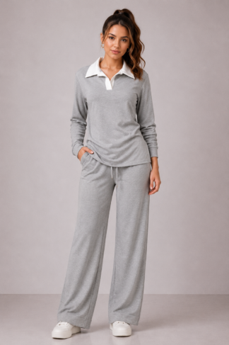 2573 Conjunto Belu blusa manga longa gola polo bicolor e calça pantalona moletom