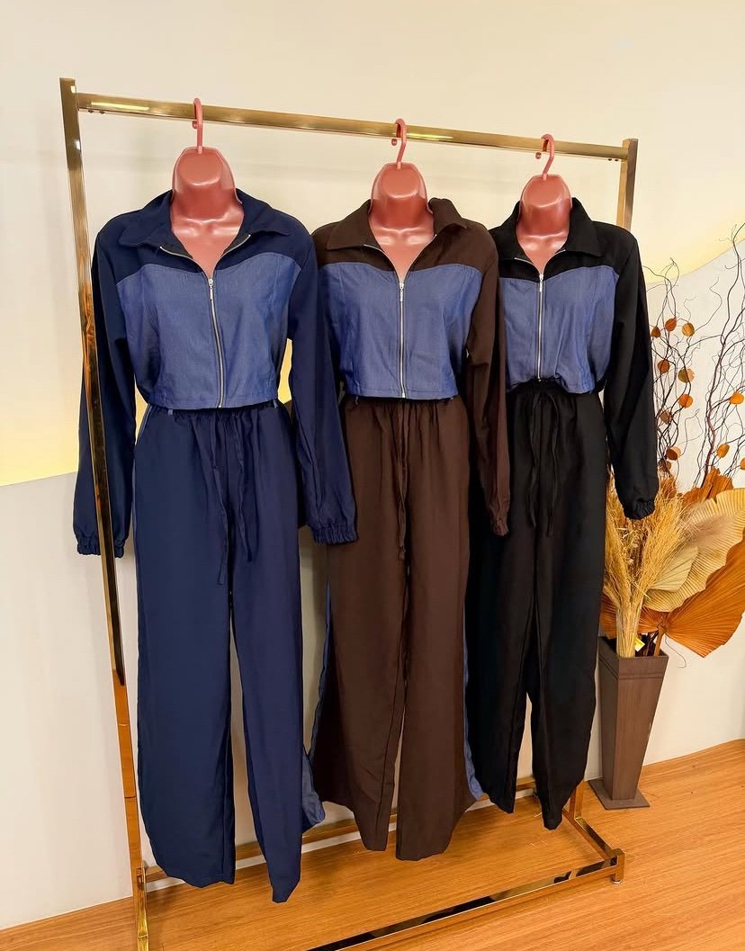 2576 Conjunto Yan jaqueta cropped zíper e calça pantalona bicolor jeans alfaiataria - Imagem 9