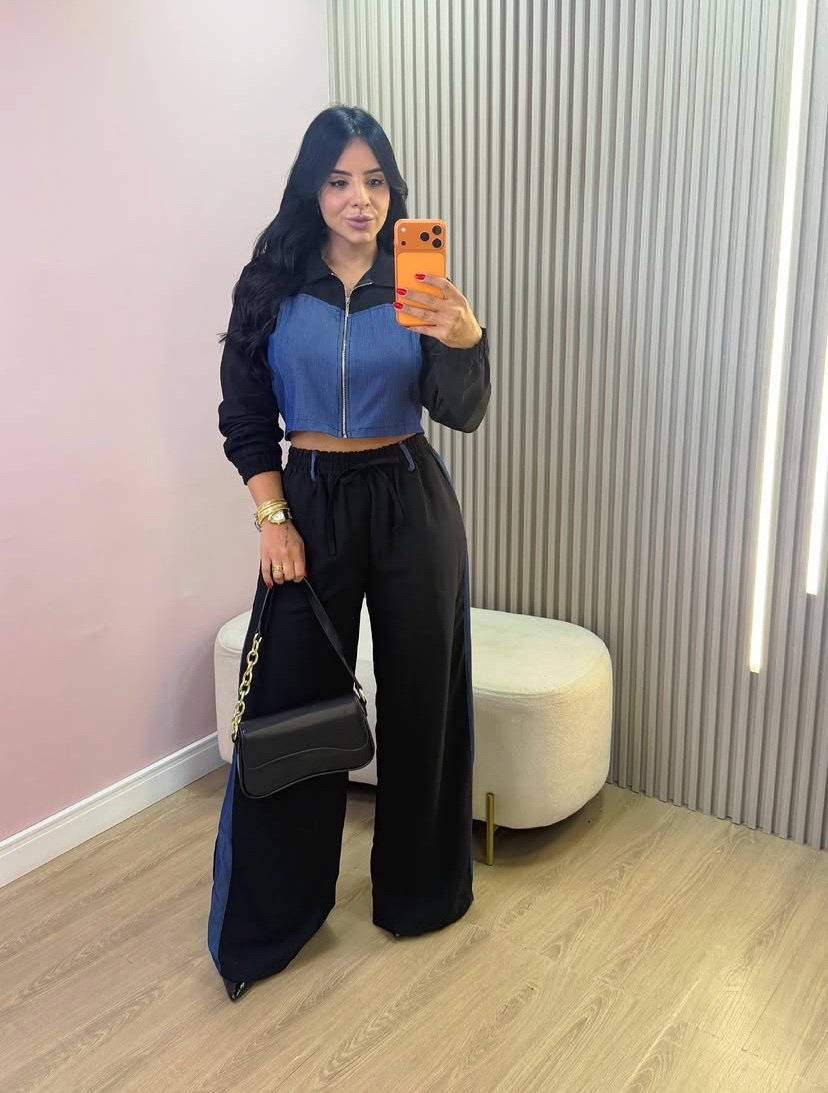 2576 Conjunto Yan jaqueta cropped zíper e calça pantalona bicolor jeans alfaiataria - Imagem 2