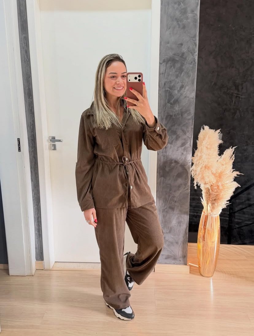 2580 Conjunto Eveli jaqueta estilo parka calça pantalona wide leg veludo - Imagem 3