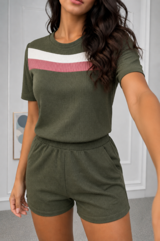 2626 Conjunto Leo blusa t-shirt listra manga curta e shorts canelado